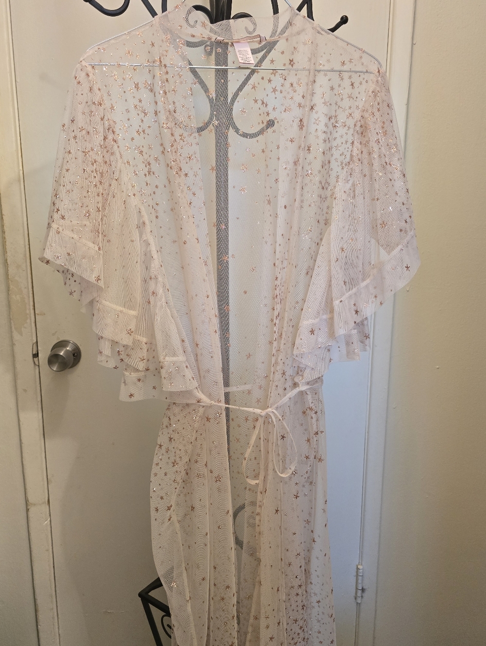 NWOT Victoria Secret Sheer Star-Embellished Mesh Duster Kimono - Rose Gold Stars